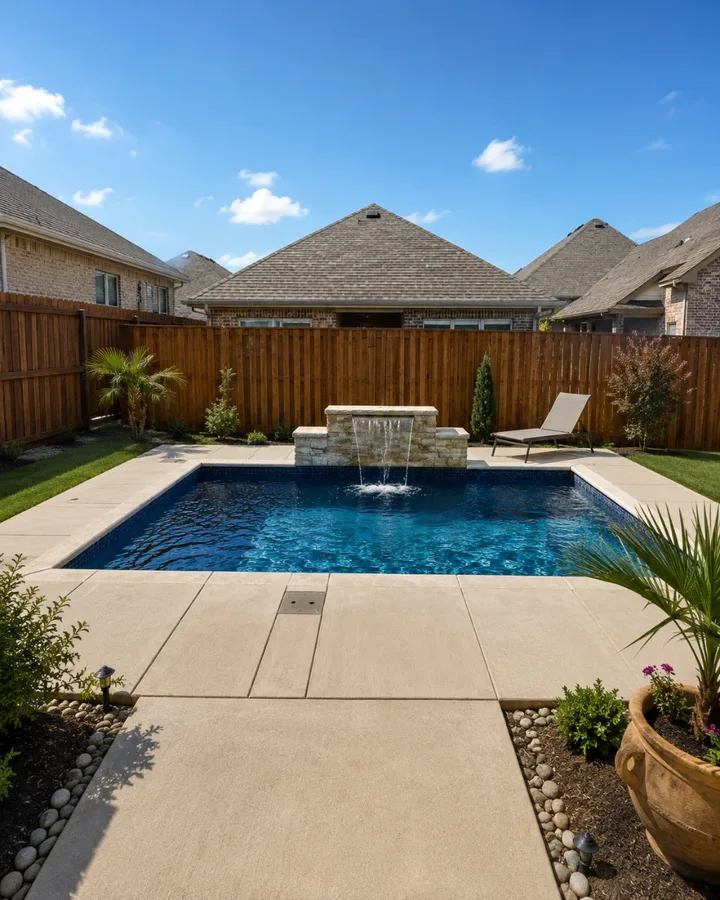 Vinyl inground pool with waterfall feature and stone coping, framed by a wood privacy fence