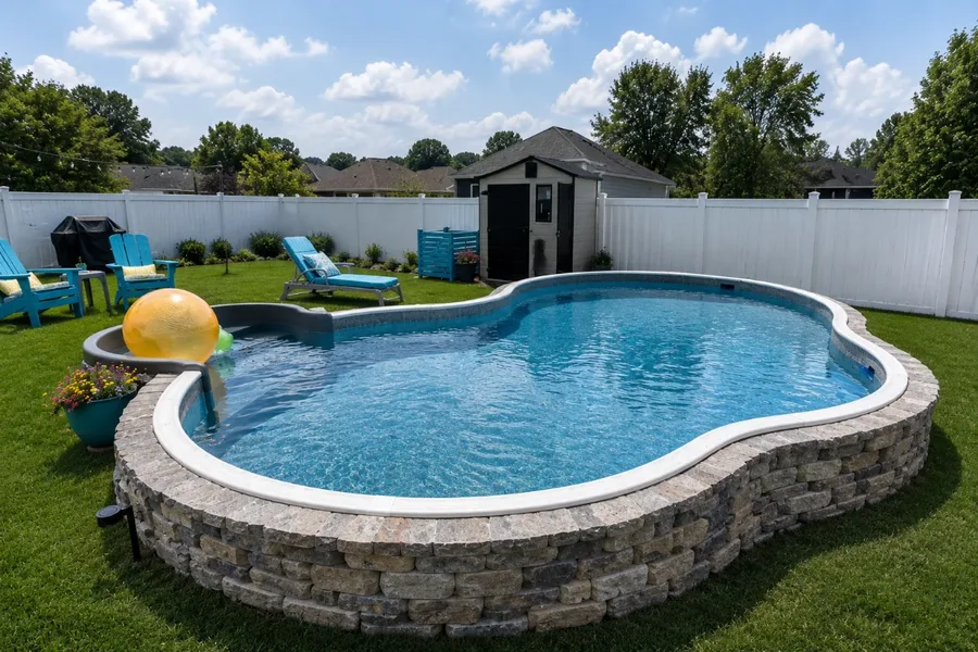 Free-form vinyl inground pool with poolside seating and privacy fencing